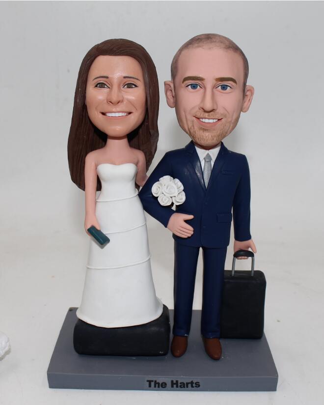 Travel themed wedding bobblehead cake toppers - Click Image to Close