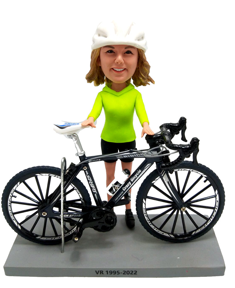 Custom bobblehead cyclist with bike - Click Image to Close
